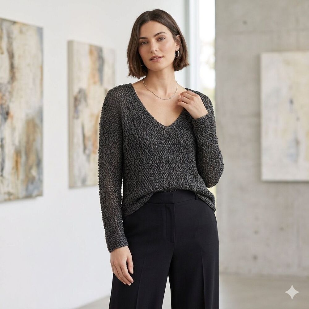 Eileen Fisher Sweater Womens XS Dark Green Gold Metallic Open Stitch Knit
